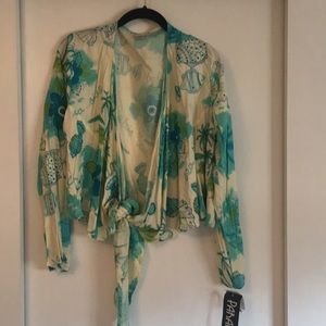 NWT Rayon Tropical Print Tie Blouse Sz Lg